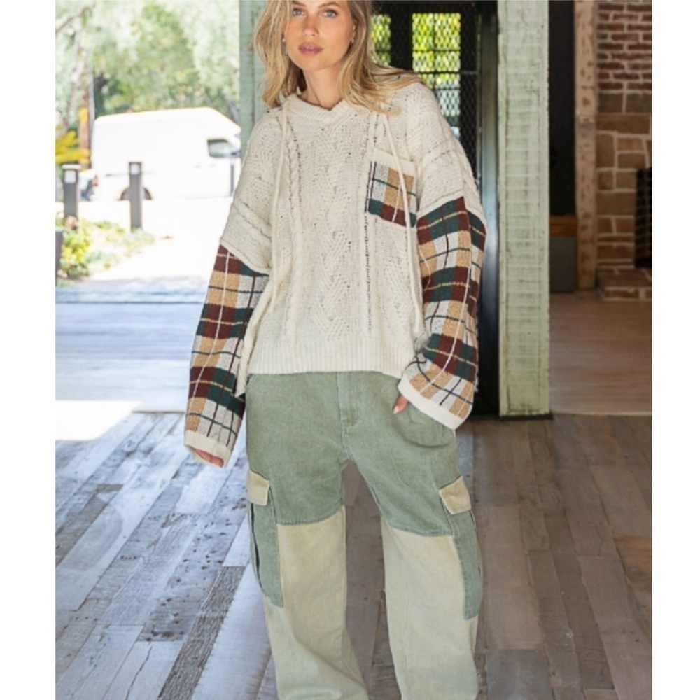 POL Plaid Spliced Hooded Sweater (Size M) BRAND NEW - Picture 2 of 7